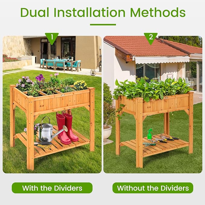 S AFSTAR Raised Garden Bed with Legs Wooden Elevated Planter Box with 8 Grids Divider &amp Protective Liner 35.5x24x36in Standing Garden Planter Bed for Vegetables Flowers Herbs on Deck Patio Backy