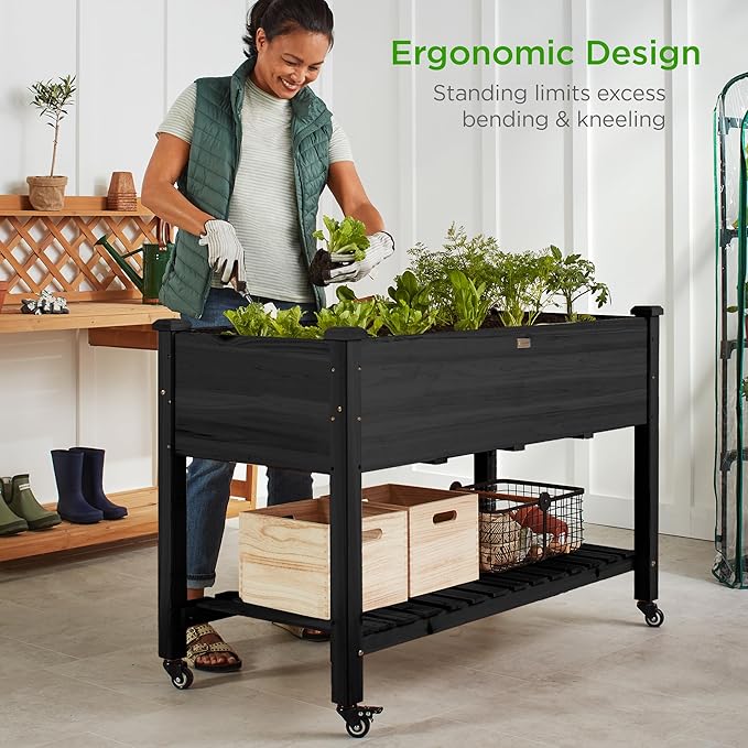 Best Choice Products Raised Garden Bed 48x24x32-inch Mobile Elevated Wood Planter w/Lockable Wheels Storage Shelf Protective Liner - Black