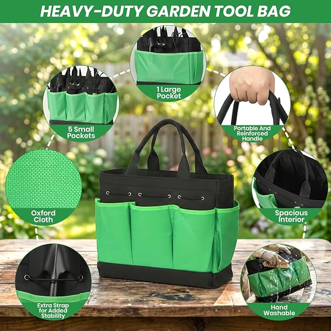 Velway Garden Tools Set -11-Piece Heavy Duty Hand Tool Kit with Ergonomic Handles Rust-Proof Carry Tote Bag – Gardening Gifts for Women &amp Men (Green)