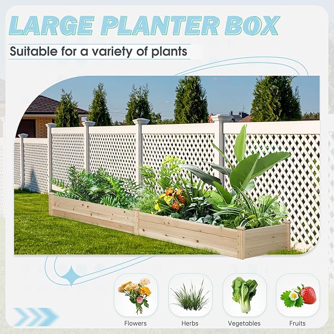 Betterland 8 FT Raised Garden Bed Outdoor Wooden Elevated Planter Box Kit for Vegetables Fruits Herb Grow Yard Gardening Natural
