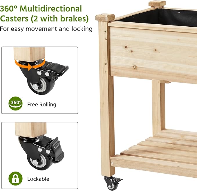 Topeakmart Solid Wooden Raised Garden Bed Vegetable Elevated Planter Kit Grow Gardening Box with Legs Storage Shelf &amp Wheels 42x23x33in