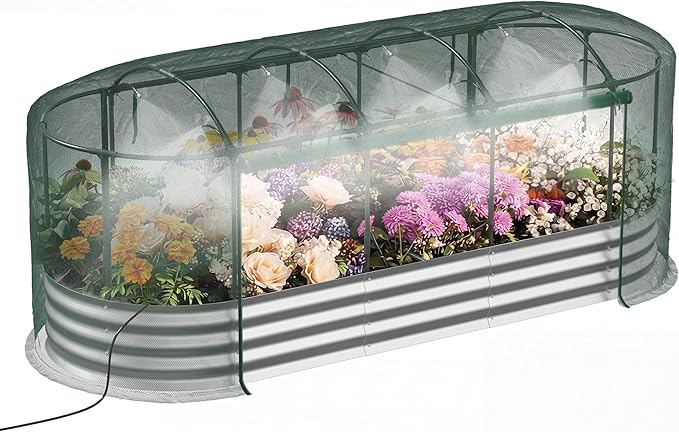 Raised Garden Bed with Self-Watering System 8x3x1 ft Elevated Planter Boxes Outdoor with Mesh Cover Oval Galvanized Raised Beds for GardeningVegetablesFlowers Backyard Patio