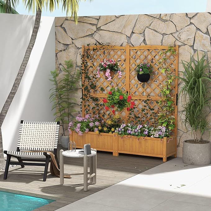 Wooden Planter Box with Trellis 71” Freestanding Garden Planter w/Lattice Panel &amp Drainage Holes Indoor &amp Outdoor Raised Garden Bed with Trellis for Vine Climbing Plants (2)