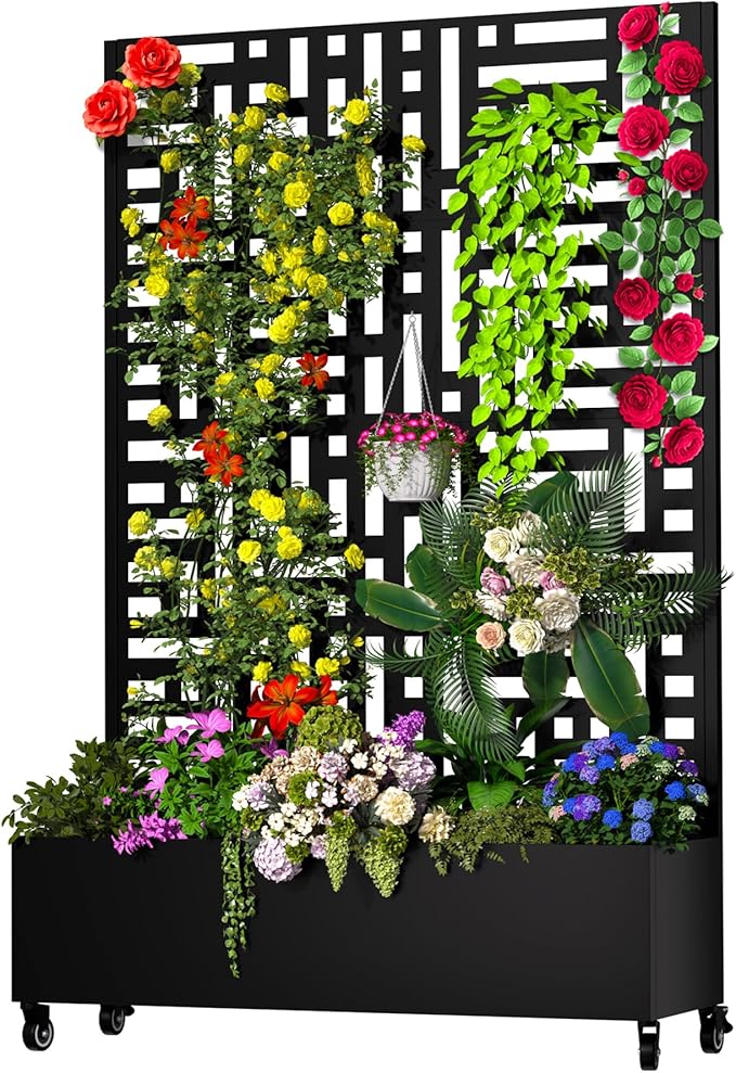 Metal Planter Box with Trellis 72.1x47.2x16 Outdoor Galvanized Raised Garden Bed with Privacy Screen &amp Drainage Holes &amp Lockable Casters for Climbing Plants Vegetable (Street-Black1)