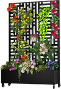 Metal Planter Box with Trellis 72.1x47.2x16 Outdoor Galvanized Raised Garden Bed with Privacy Screen &amp Drainage Holes &amp Lockable Casters for Climbing Plants Vegetable (Street-Black1)