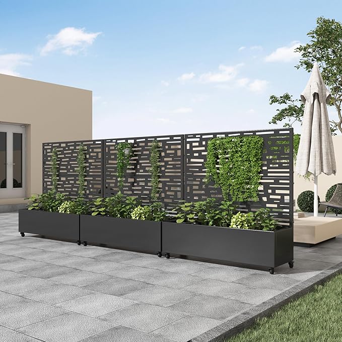 Casaphoria Raised Garden Bed Metal Planter Box with Trellis 47x47x16 for Outdoor Climbing Plants Flowers Vegetables and Vines Privacy Screen with Wheels and Drainage Holes(Black Street)