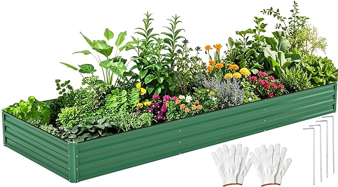 DWVO 12 x 4 x 1 FT Raised Garden Bed Kit Outdoor Galvanized Flower Bed with Safety Rubber and Gloves Large Metal Planter Box for Vegetables Flowers Herbs Fruits Green