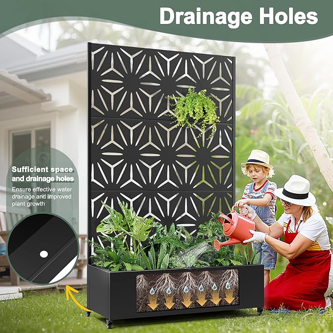 Metal Planter Box with Trellis &amp Privacy Screen for Patio Large Raised Garden Beds with Drainage Holes &amp Wheels 47 L×16 W×71 H Standing Flower Beds with Trellis (Black Star)
