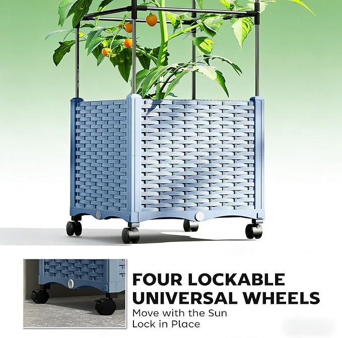 Roll and Grow Raised Garden Bed Mobile Planter with Adjustable Trellis &amp No-Bend Height - Wheels for Sun Tracking Locking Casters &amp Ergonomic Design Ideal for Seniors &amp Easy Care