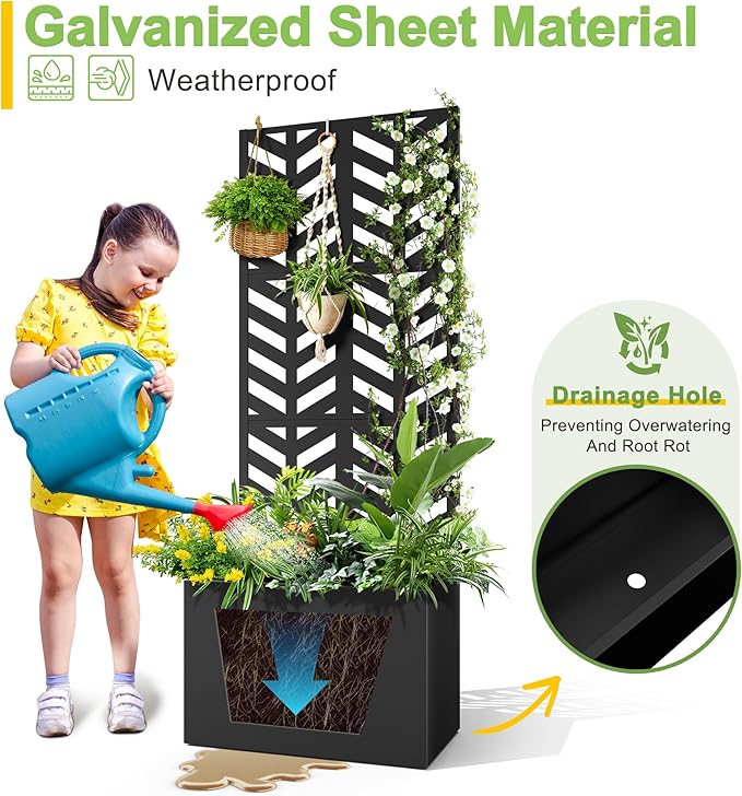 FENCY Metal Planter Box with Trellis Planter Trellis for Climbing Plants Vegetable Vines Trellis with Planter Box &amp Privacy Screen Raised Garden Bed with Drainage Holes (23.6 L x 63 H/Arrow)