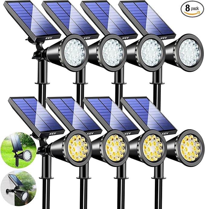 KEV 800 Lumens Solar Spot Lights Outdoor18 LEDs Solar Flood Lights with 2 Modes &ampAdjustable &ampIPX65 WaterproofSolar Spotlight for Driveway/Backyard/Patio Landscape/Tree/Garage(Cool White&amp