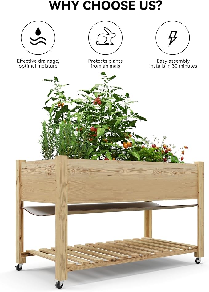 Mobile Raised Garden Bed with Lockable WheelsWooden Planter Box Legs Storage Shelf &amp Linerfor Patio Deck Balcony Backyard Natural