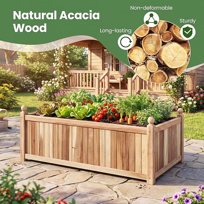 Wood Raised Garden Bed Rectangular Planter Box with Liner &amp Drainage Easy Assembly for Growing Vegetable Flower Herb Fruit Outdoor Planting Bed for Backyard Garden (1 44” x 23” x 16”)