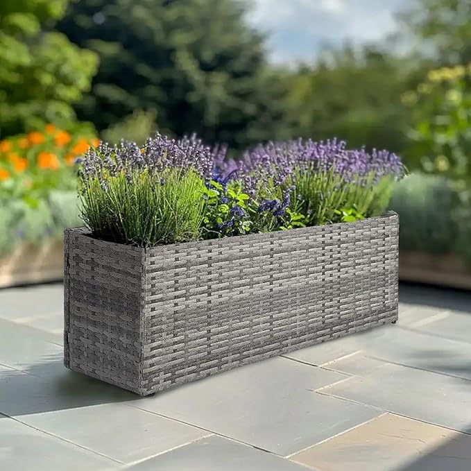 LEWIS&ampWAYNE Large Rectangular Block Planter Box Handmade Wicker Tall Planters for Outdoor Plants with Removable Liners Modern Planter for Indoor Outdoor Patio Deck - Gray 36''x12''x16''