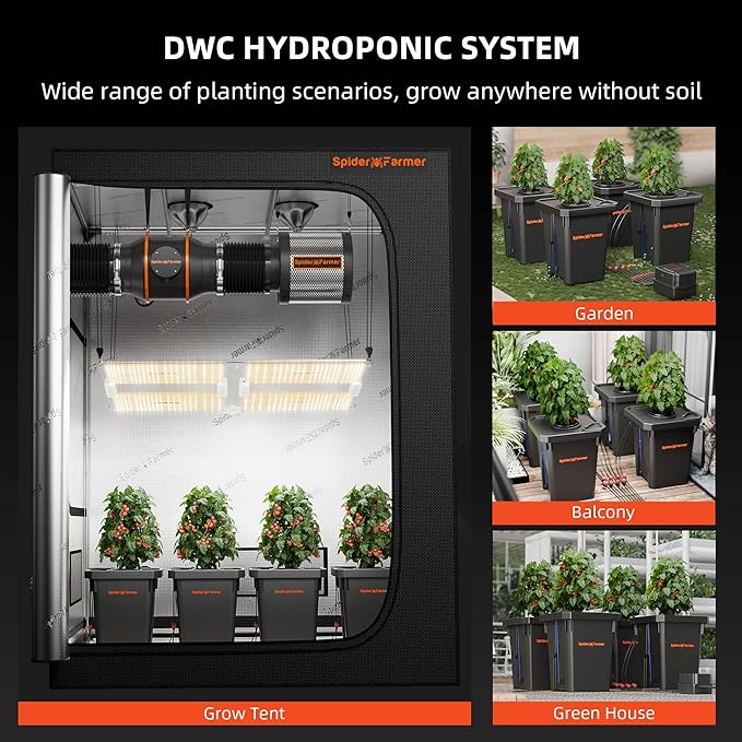 Spider Farmer DWC Hydroponics Grow System with 7-Gallon Deep Water Culture New Triangular Cover Design Recirculating Drip Garden System with Top Drip Kit 11W Air Pump 4 Buckets