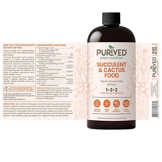 Purived 16oz Succulent &amp Cactus Liquid Fertilizer – Makes 50 Gallons Ideal for Aloe Jade Cacti &amp More All-Natural Groundwater Safe Made in USA