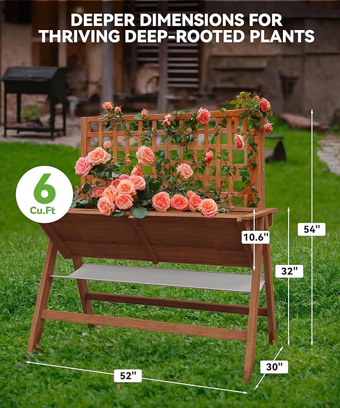 GarveeHome 52x30x54 in Raised Garden Bed with Legs Elevated Wooden Raised Planter Box with Vine Climbing Trellis Outdoor Standing Growing Bed for Growing Vegetables Flowers Herbs