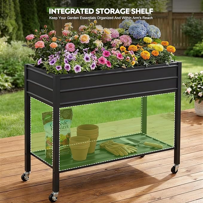 ZORMY 32 Tall Galvanized Raised Garden Bed with Legs Wheels &amp Shelf Elevated Planter Box Outdoor for Vegetables Herbs &amp Flowers Patio &amp Backyard Garden Bed with 400lb CapacityBlack