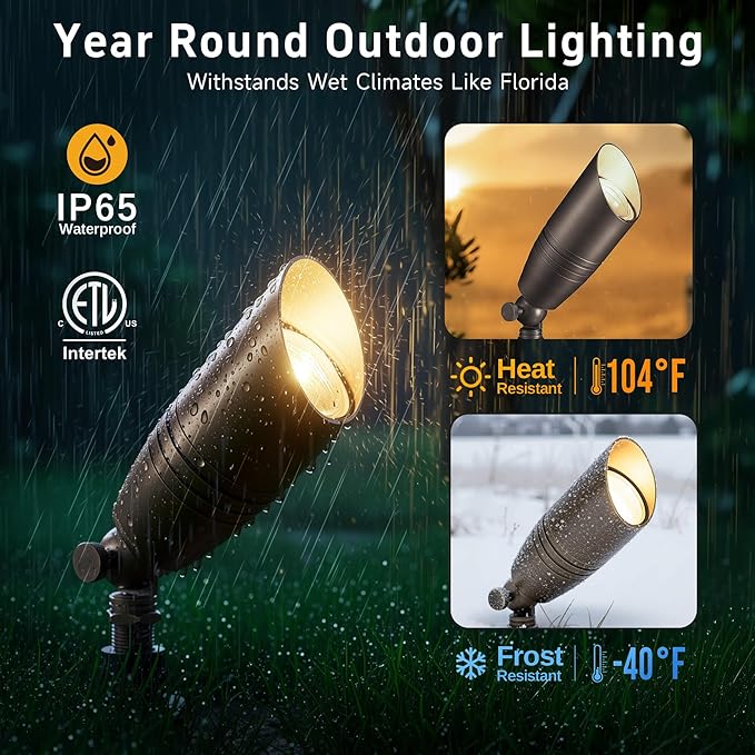 Gardenreet Die-Cast Brass Spot Light Outdoor - 12V LED Uplighting Waterproof Low Voltage Landscape Lights Direct Wire Bronze for Fence Fountain with Daytime White MR16 Replaceable Bulbs (12 Pack)