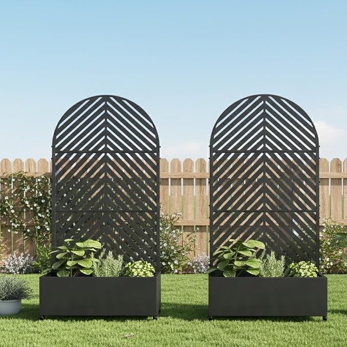 Casaphoria 72x35 Metal Raised Garden Bed with Trellis(2 Pack) Outdoor Planter Box with Wheels &amp Drainage Holes for Climbing Plants Flowers Elevated Garden Kit with Privacy Screen Black-Paral