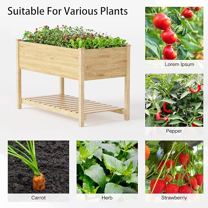 Kullavik 4 pcs Raised Garden Bed with LegsOutdoor Elevated Cedar Wood Planter Box with Storage Shelf for Vegetables/Flowers/Herbs in Balcony/Backyard/Patio220lb Capacity-Natural