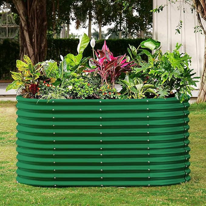 Land Guard 6x3x3ft Oval Galvanized Raised Garden Beds Large-Capacity Metal Planter Box Outdoor Durable Deep Raised Garden Bed 3ft Tall Raised Beds for Gardening Vegetables Forest Green