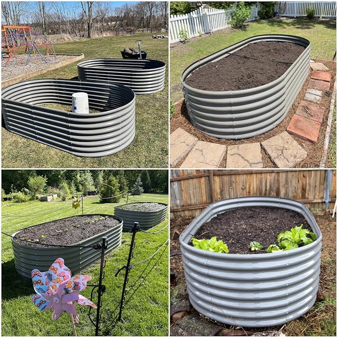 A ANLEOLIFE 4-Set 8X4X2 ft Galvanized Raised Garden Bed Kit Oval Metal Deep Root Planters for Outdoor Plants Quartz Grey