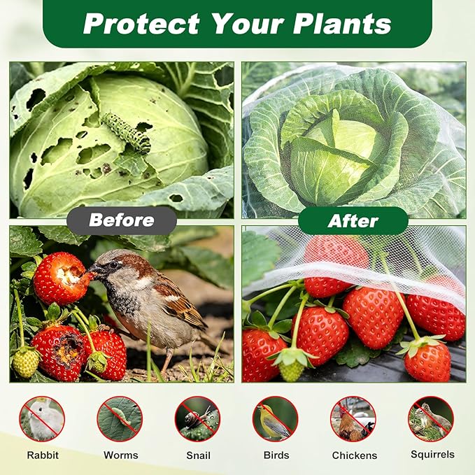 Garden Netting Kit 10 X 50FT Garden Netting Pest Barrier with 10 Sets Garden Hoops and 20pcs Clips Insect Netting Row Cover for Raised Beds Vegetable Fruits Flowers Protection