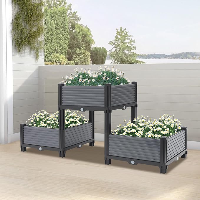 Planter Raised Beds Plastic Elevated Planter Box Boxes Modern Raised Garden Bed with Reinforced Support Rods for Vegetables Flowers Balcony Patio Gardening Black &amp Gray