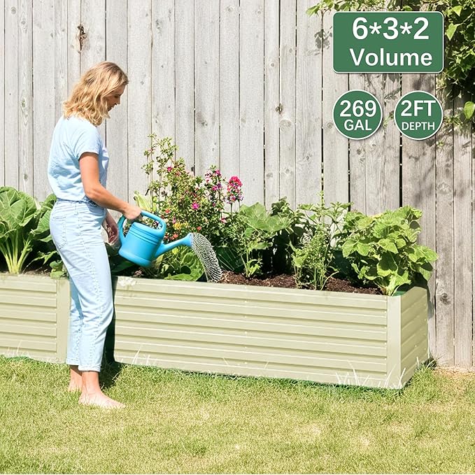 FOOWIN 4pcs 6x3x2ft Galvanized Raised Garden Bed Planter Raised Garden Boxes Outdoor Large Metal Raised Beds for Gardening Garden Bed for Vegetables Flowers Herb269 Gallon Capacity Cream Yellow