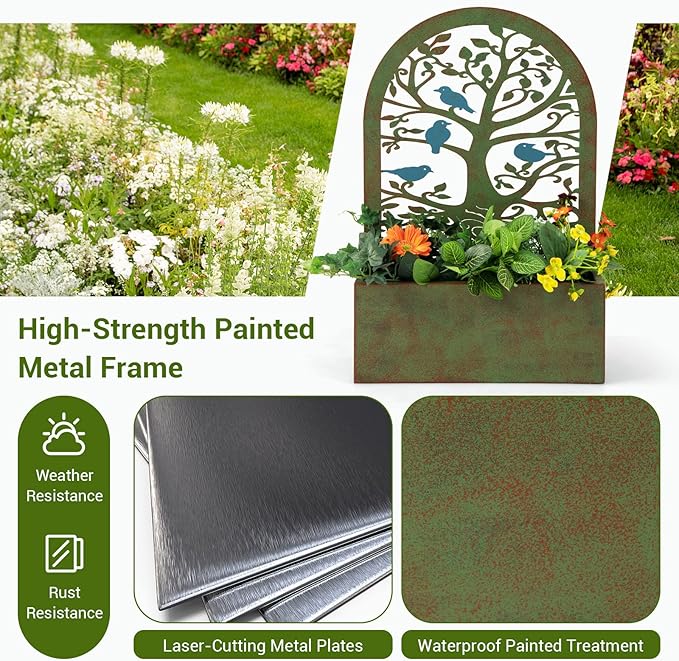 Giantex Raised Garden Bed Set of 2 - Wall-Mounted &amp Freestanding Decorative Planter Boxes with Trellises Heavy-Duty Metal Elevated Bed for Climbing Plants Outdoor Indoor Planter for Yard Balcony
