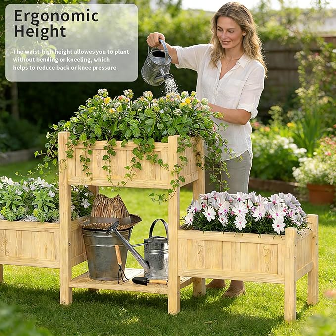 Wooden Raised Garden Bed with Legs &amp Storage Shelf 3 Tier Outdoor Elevated Planter Box for Patios/Herbs/Flowers/Vegetables Easy Assembly Natural