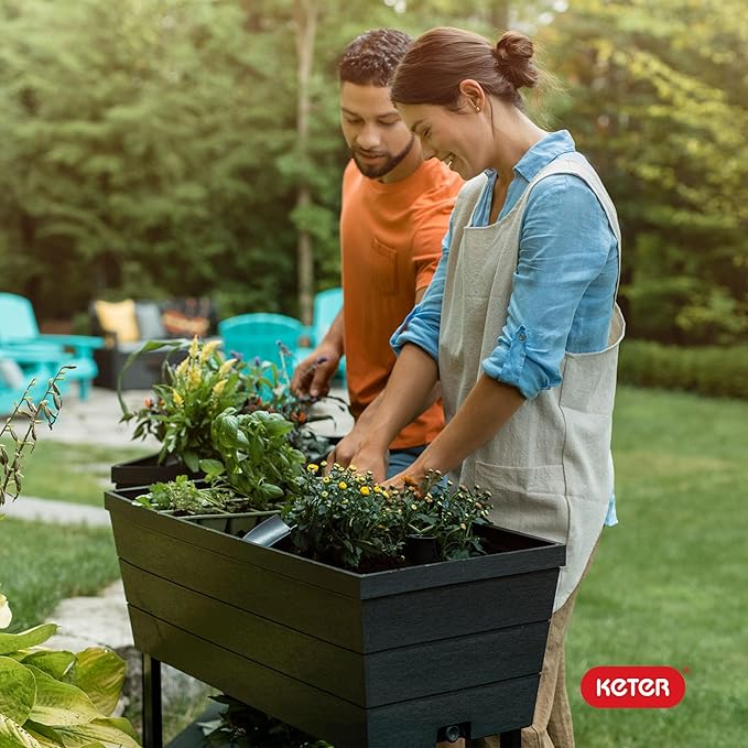 Keter Urban Bloomer 12.7‑Gallon Raised Garden Bed – Elevated Outdoor Planter Box with Self‑Watering Reservoir Water Gauge &amp Drainage System Perfect for Herbs &amp Vegetables Dark Grey