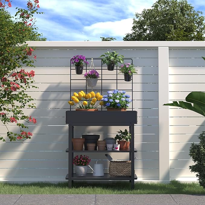Metal Raised Garden Bed with Trellis &amp 2-Tier Storage Shelf Elevated Planter Box with Legs -Includes 3 Flower Pots Outdoor Vertical Garden for Vegetables Herbs Climbing Plants Patio Balcony