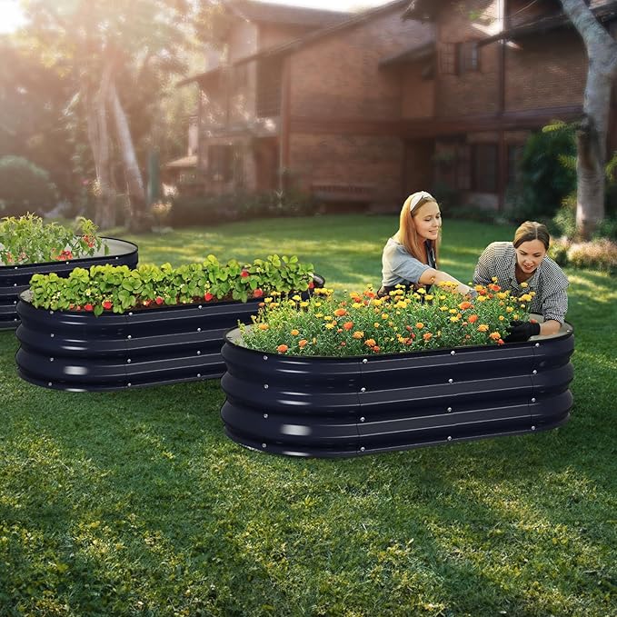 Raised Garden Bed Kit 4x2x1 ft Galvanized Planter Box Outdoor with Safety Edging Large Metal Raised Beds for Gardening Vegetables Flower Herb (Navy Blue)