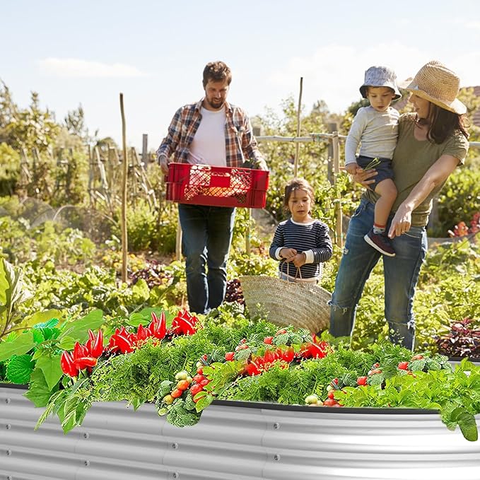 SHAREWIN Oval Galvanized Planter Raised Metal Garden Bed Kit for Gardening Outdoor8x4x1ft Planter Grow Garden Box Raised Flower Bed(6 PCS)