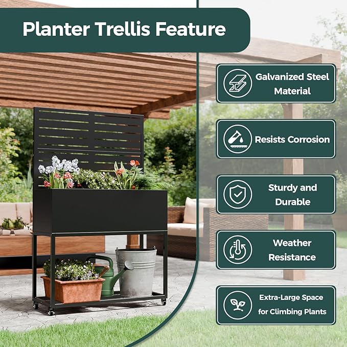 Metal Planter Box Multi-Functional &amp Easy to Assemble 55 H x 35 W Raised Garden Bed for Climbing Plants Elevated Standing Garden Planter with Drainage Holes for Outdoor Patio Black