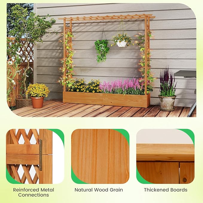 BECOMFORT Raised Garden Bed with Trellis &amp Hanging Roof 72 Tall Fir Wood Planter Box with Drainage Holes Outdoor Elevated Garden Planter for Climbing Vines (Orange 77 Lx17 Wx72 H)