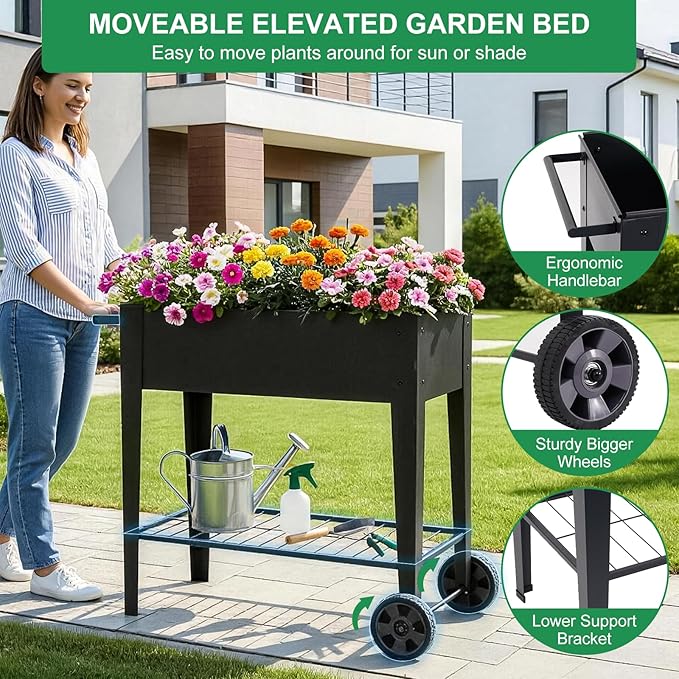 Elevated 32 Tall Raised Garden Bed with Legs and Wheels for Mobility Metal Planter Boxes Outdoor with Shelf Raised Bed for Gardening Vegetables/Herbs Backyard Patio Balcony Black