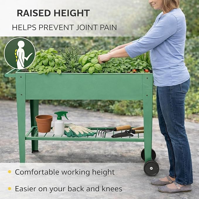 InSideOut Elevated 40 Raised Garden Bed Outdoor with Wheels &amp Shelf for Mobility Metal Planter Box for Vegetables/Herbs Patio-Balcony-Backyard (Sage Green)