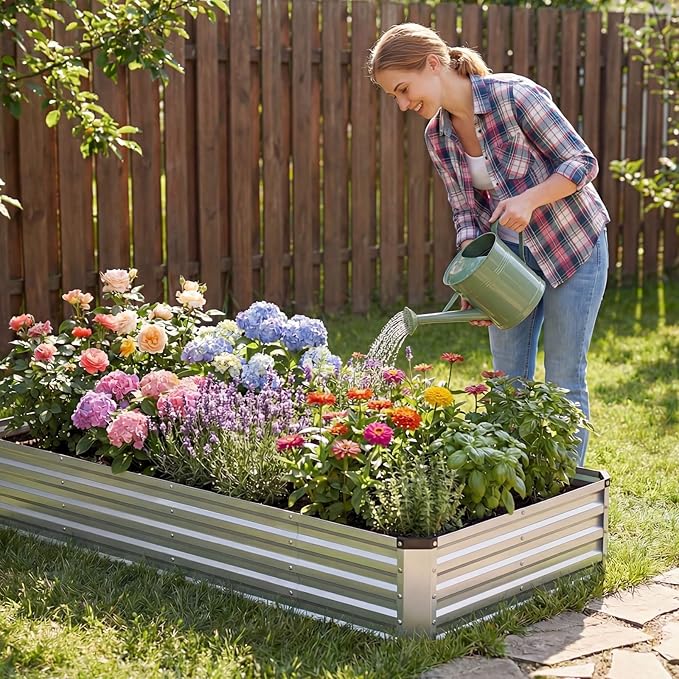 NEWBULIG 8x4x1ft Galvanized Raised Garden Bed Outdoor Metal Planters Box for Vegetables Flowers &amp Herbs Open Base Easy Assembly X-Shaped Bars