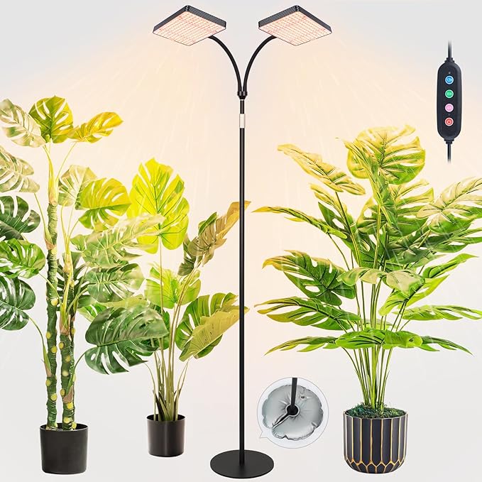 FECiDA 2026 2Head Floor Lamp Grow Light Grow Lights with Stable Stand Base for Indoor Plants Bonsai Tree 4/8/12/16/20 Hr Timer 50 Watt Power Draw NO Need Adapter 40-76 Height Adjustable