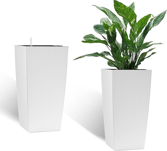IndoorOutdoor Faux Rattan Square Planter 30 Inch White Plastic Large Planter with Automatic Watering System for Home and G(White 30 Inch 1)