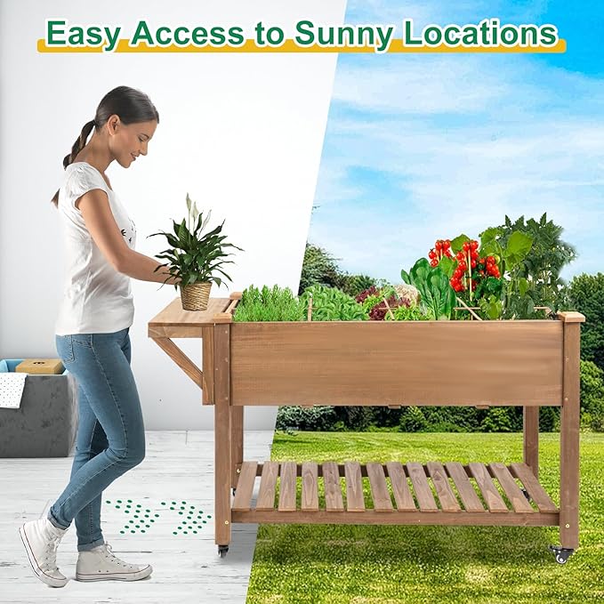 Raised Garden Bed with Wheels Wood Elevated Garden Box with W-Connection Tabsfor Vegetable Flower Herb Large Storage Shelf Easy to Assemble 55.5x24x32in