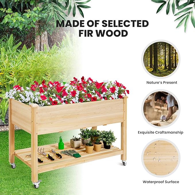 COSTWAY Raised Garden Bed with Wheels Wood Planter Box with Storage Shelf for Vegetables Flowers &amp Herbs Elevated Garden Planter Bed for Backyard Patio Balcony 47.5”L x 23.5”W x 33”H