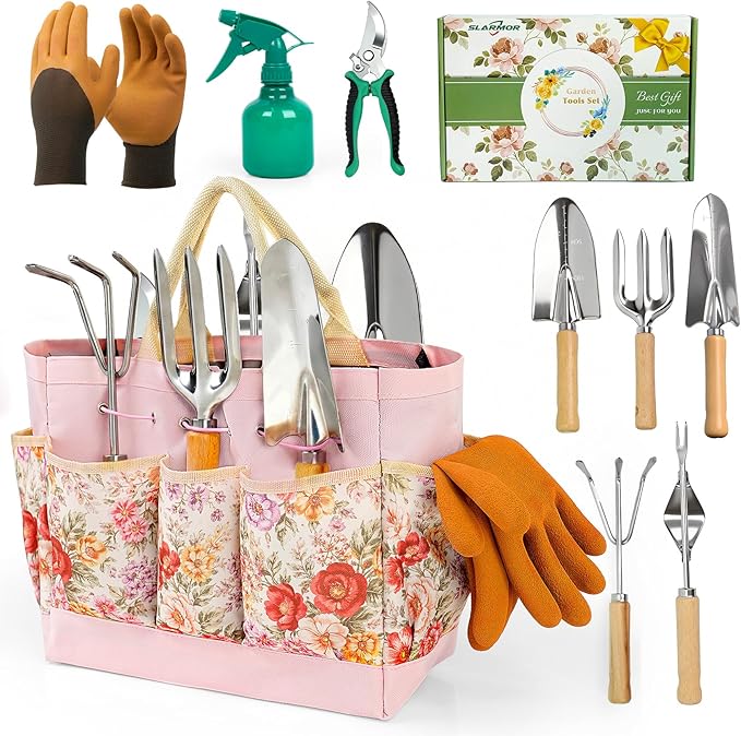 Garden Tool Set 10 PCS Gardening Essentials Stainless Steel Garden Hand Tools with Tote Bag Well-Designed Gardening Supplies Kit Gifts for Women Men Gardeners