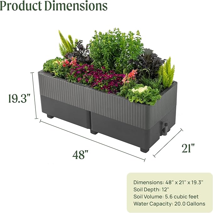 Vego garden EZCube Self Watering Planter Box Outdoor Raised Garden Bed with Water Gauge for Balcony Rooftop Patio Backyard 21 x 48 Fog Gray