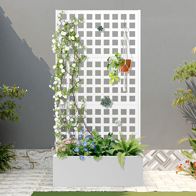 FENCY Metal Raised Garden Bed with Trellis Planter Box with Trellis Garden Box for Climbing Plants Vegetable 35''Lx16''Wx71''H Metal Garden Bed with Drainage Holes(White)