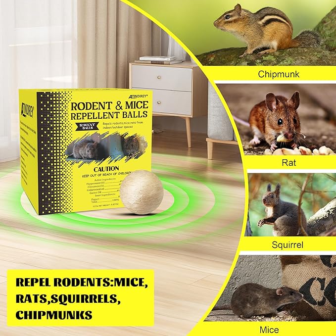 Rodent &amp Mice Repellent 12 PCSMouse Repellent Balls for Longer Lasting Scent | Indoor Outdoor Car Engine Protection | Mice Rat Deterrent for Home Garage Attic | Pet &amp Kid Safe