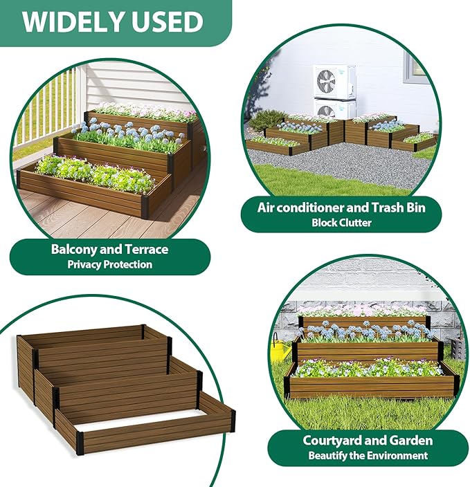 Elevated Wooden Raised Garden Planter - 3-Tier Outdoor Flower &amp Vegetable Box for Patio Backyard or Garden - Durable Weather-Resistant Design - 47.2 x 21.7 x 18.1 (Brown)